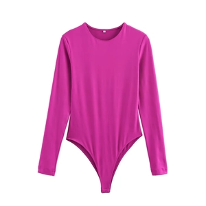 Fuchsia long sleeve crew neck bodysuit for women in slim fit stretch fabric
