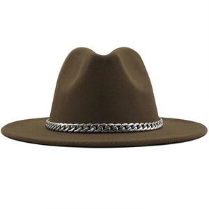 Detailed view of dark brown wide brim felt hat with silver Cuban chain decoration