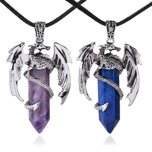 Collier Pendentif Dragon Enveloppé Pilier Cristal Hexagonal Cuivre Pierre Naturelle Corde Cire Bijoux Gothique Fantaisie Unisexe