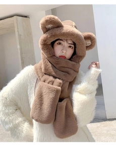 Detail view of plush brown bear hooded scarf with integrated mittens and thick faux fur