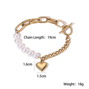 18K gold plated heart pendant stainless steel pearl bracelet with 19cm chain size