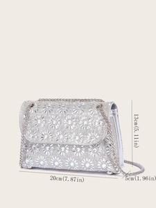 Silver sunflower clutch bag with rhinestones and chain strap details and dimensions
