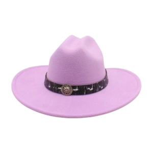 Detail of lavender felt hat featuring a black patterned band and golden lion emblem