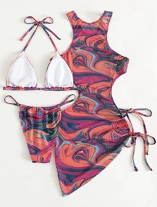 Detailed flat lay of a 3-piece marble print bikini set with mesh cover-up and drawstring