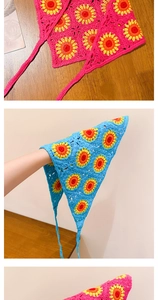 Détails de foulards en crochet faits main avec motifs de tournesols en rose et bleu