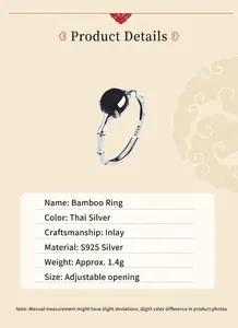 Vintage S925 Sterling Silber Bambus-Ring mit schwarzem Onyx-Stein für Damen