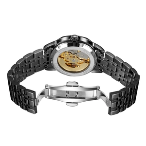 Exhibition case back of stainless steel mechanical watch with double butterfly buckle