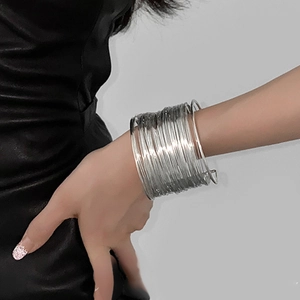 Exaggerated Wide Multi-layer Line Alloy Bangle Modern Punk Geometric Open Cuff Arm Band Accessory Statement Jewelry