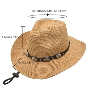 Panama style straw cowboy hat with brown band and adjustable chin strap for outdoors
