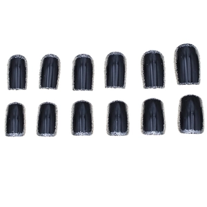 Short square black press-on nails with silver glitter edges, 12 pieces set for women