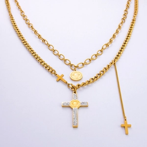 Double-layered golden stainless steel necklace with cross and zircon heart pendants