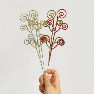 Glittering spiral candy-style spray picks in gold, silver, red, and green for Xmas decor