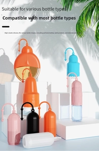 Macro shot of colorful elastic silicone bottle sleeves with integrated hanging hooks