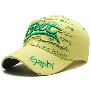 Casquette baseball jaune vintage effet usé avec broderie 3D verte et style hip-hop