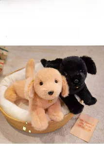 Détail de chiens en peluche dorés et noirs avec clochettes dans un panier pour animaux