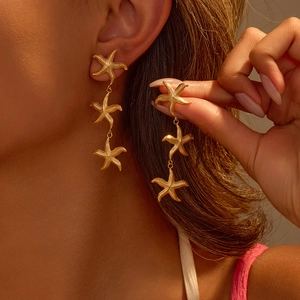 Retro 18K gold plated stainless steel starfish drop earrings for women on model