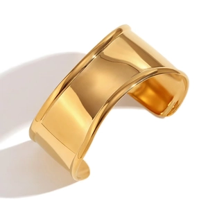 Polished 18K gold plated wide wave open cuff bracelet in minimalist hip hop style