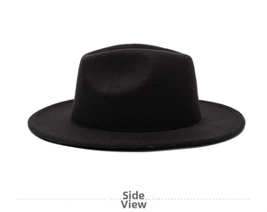 Detailed side view of a black wool felt fedora hat featuring a classic indented crown