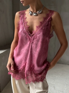 Retro rose pink lace patchwork camisole with V-neck sleeveless top in silk-like fabric