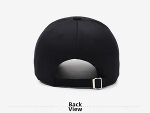 Detail view of the adjustable metal buckle and back strap on a black cotton baseball cap