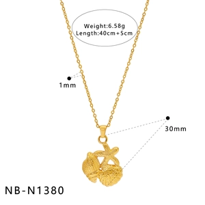 Golden ocean theme necklace specs: 40+5cm length, 6.58g weight, shell and starfish charms