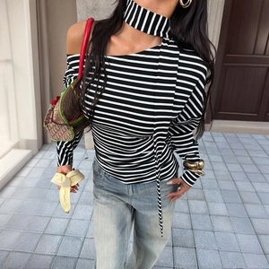 T-Shirt Femme À Rayures Épaule Dénudée Manches Longues Dos Nu Asymétrique Tricot Côtelé Coupe Ajustée Haut Sexy