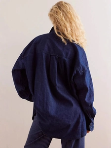 Women's loose retro dark blue denim shirt with back pleat detail and long sleeves