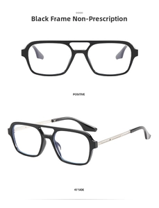 Front and 45-degree side view of black double-bridge pilot glasses with silver temples