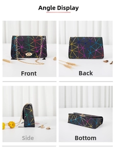 Multi-angle view of a black geometric laser crossbody bag with rainbow lines and gold chain