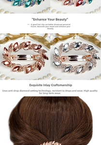 Detail view of crystal rhinestone leaf spring hair clips in various vibrant colors
