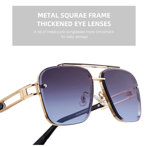 Close-up of gold metal frame sunglasses with purple gradient lenses and punk style detail