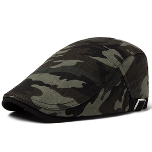 Classic camouflage flat cap with adjustable metal buckle on professional white background
