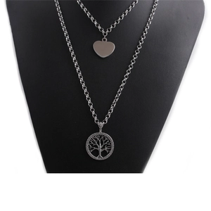 Double Layer Tree Of Life Heart Pendant Necklace Stainless Steel Rhinestone Silver Color Fashion Jewelry For Women