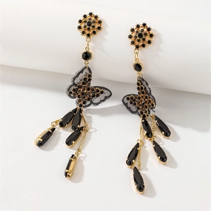 Butterfly Tassel Drop Earrings Alloy Black Crystal With 925 Sterling Silver Earring Post Vintage Elegant Jewelry Women