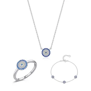 Evil Eye Necklace Bracelet Ring Round 925 Sterling Silver Blue White Zircon Bohemian Luxury Fashion Jewelry Women