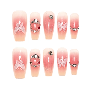 Rosa Ombre Kunstnägel mit Schmetterlings-Design und Strassstern-Verzierungen