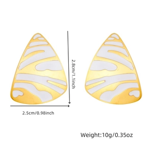 Modern gold geometric triangle earrings with white enamel patterns and size details