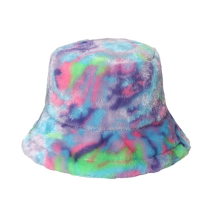 Rainbow tie-dye plush bucket hat for women with thick warm faux fur for winter