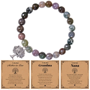 Pink zebra stone bracelet with tree of life charm and personalized greeting cards