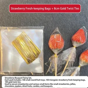 Christmas strawberry bouquet packaging set with clear bags and 100pcs gold twist ties