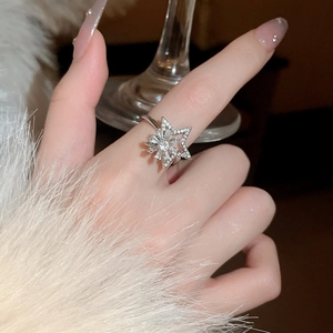 Close-up of a silver rotating snowflake ring with zircon inlay on a hand finger