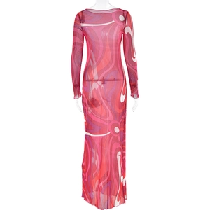 Close-up of semi-transparent mesh fabric with abstract red and purple wave patterns