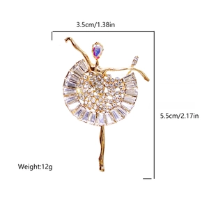 Detailed size view of ballet dancer brooch with crystals, 5.5cm height gold metal pin