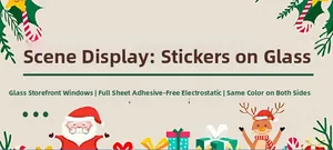 Detail of static Christmas glass stickers with Santa and reindeer for window decor