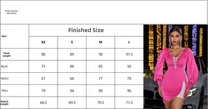 Detailed size chart for pink long sleeve mini dress featuring rhinestones and satin finish