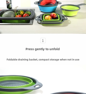 Close-up of space-saving foldable silicone colanders with drainage holes and handles