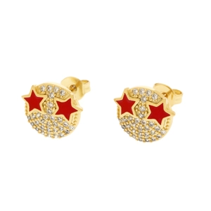 Macro shot of 18K gold plated smiley stud earrings with zircons and red enamel stars