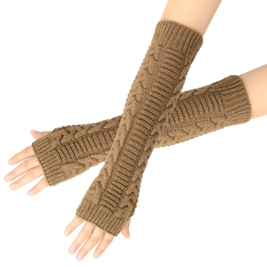 Dark brown chunky cable knit fingerless arm warmers in long sleeve glove style
