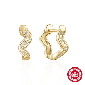 S925 sterling silver gold wave hoop earrings with sparkling cubic zirconia stones