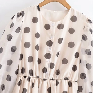 Détail d'une robe à pois avec corsage boutonné et manches bouffantes transparentes